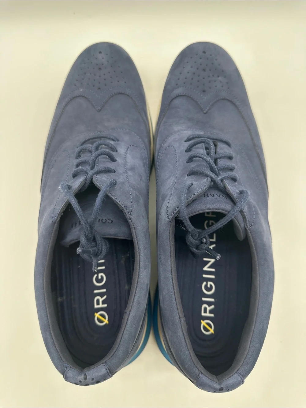 Cole Haan Original Grand Navy Nubuck Wingtip Oxfords with Blue Sole Accents